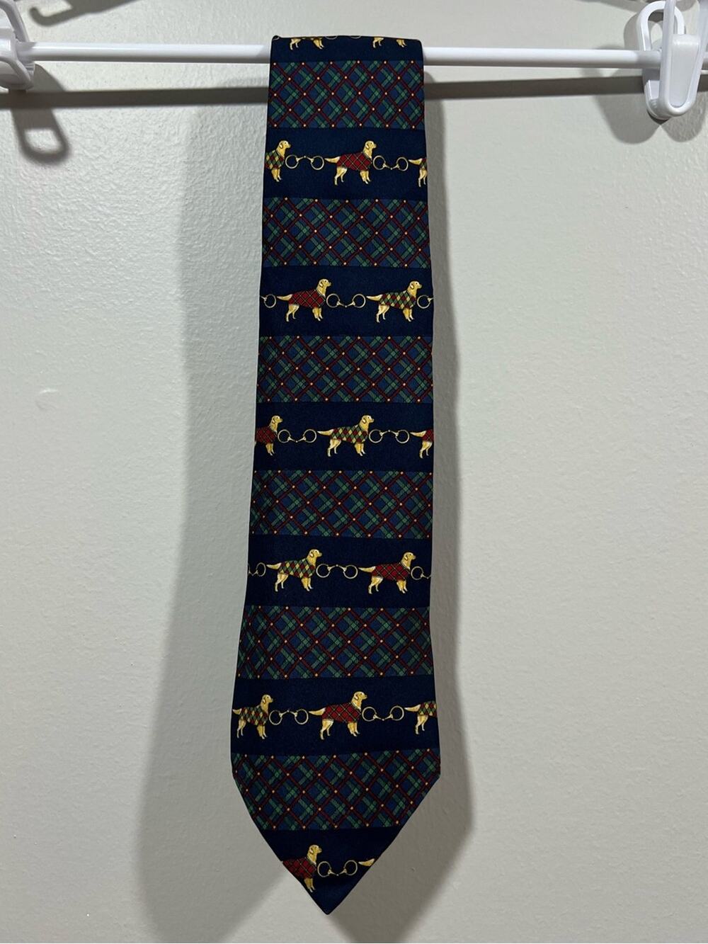 Tommy Hilfiger Navy Silk Tie with Gold and Red Golden Retriever Dog Motif
